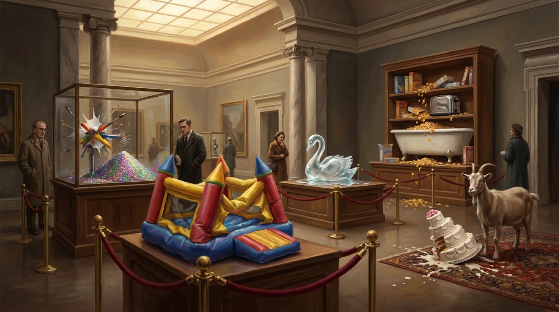 A hushed museum gallery with velvet ropes around absurd exhibits: an exploded glitter cannon in a glass case, a deflated bouncy castle on a plinth, a melted ice swan, a cereal-filled bathtub under a shelf with a toaster, and a goat standing beside a toppled wedding cake.